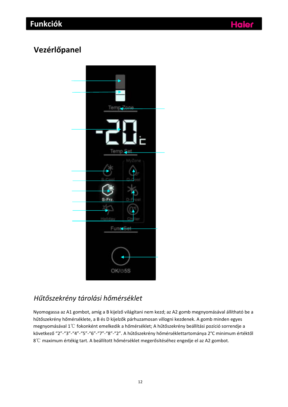 Funkciók, Vezérlőpanel, Hűtőszekrény tárolási hőmérséklet | haier C2FE636CFJ User Manual | Page 244 / 283