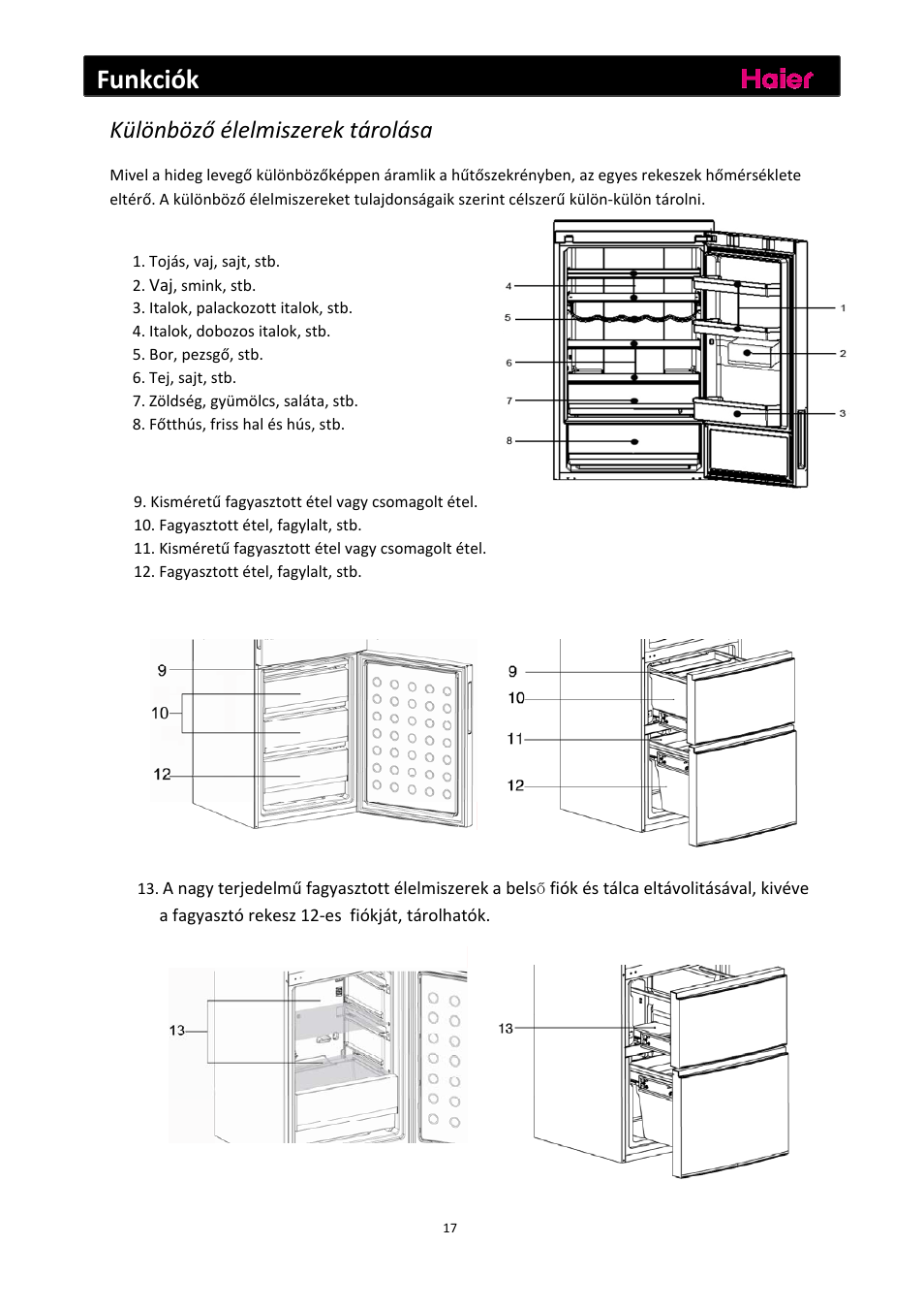 Funkciók, Különböző élelmiszerek tárolása | haier C2FE636CFJ User Manual | Page 249 / 283