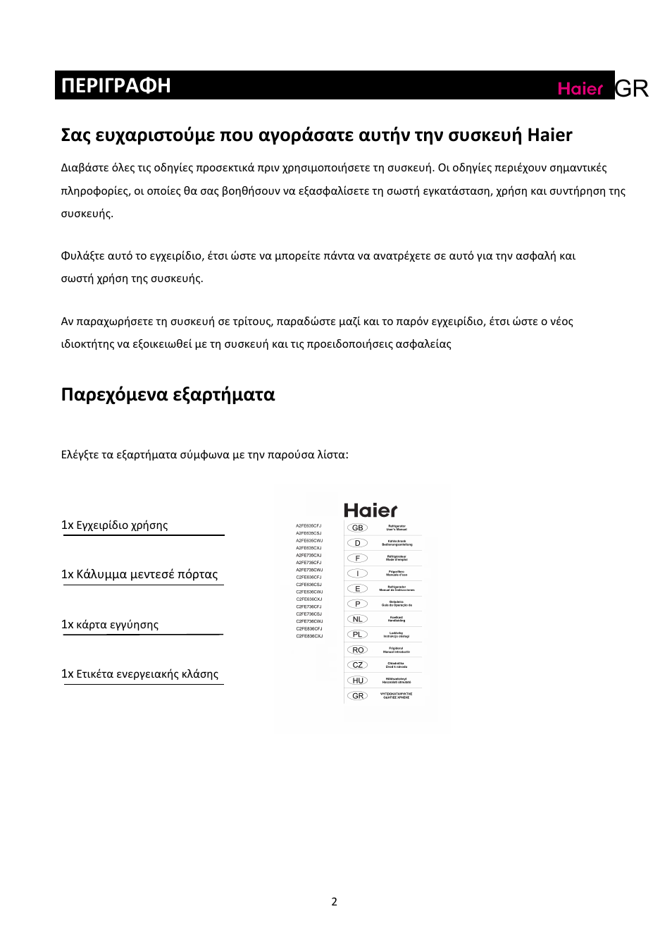 Περιγραφη, Παρεχόμενα εξαρτήματα | haier C2FE636CFJ User Manual | Page 256 / 283