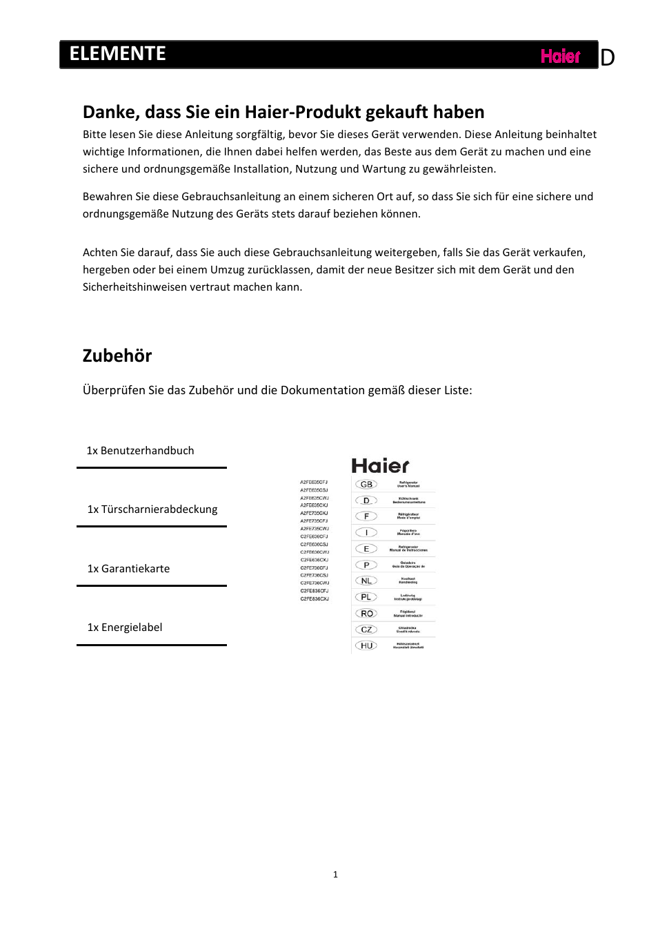 Elemente, Danke, dass sie ein haier‐produkt gekauft haben, Zubehör | haier C2FE636CFJ User Manual | Page 26 / 283