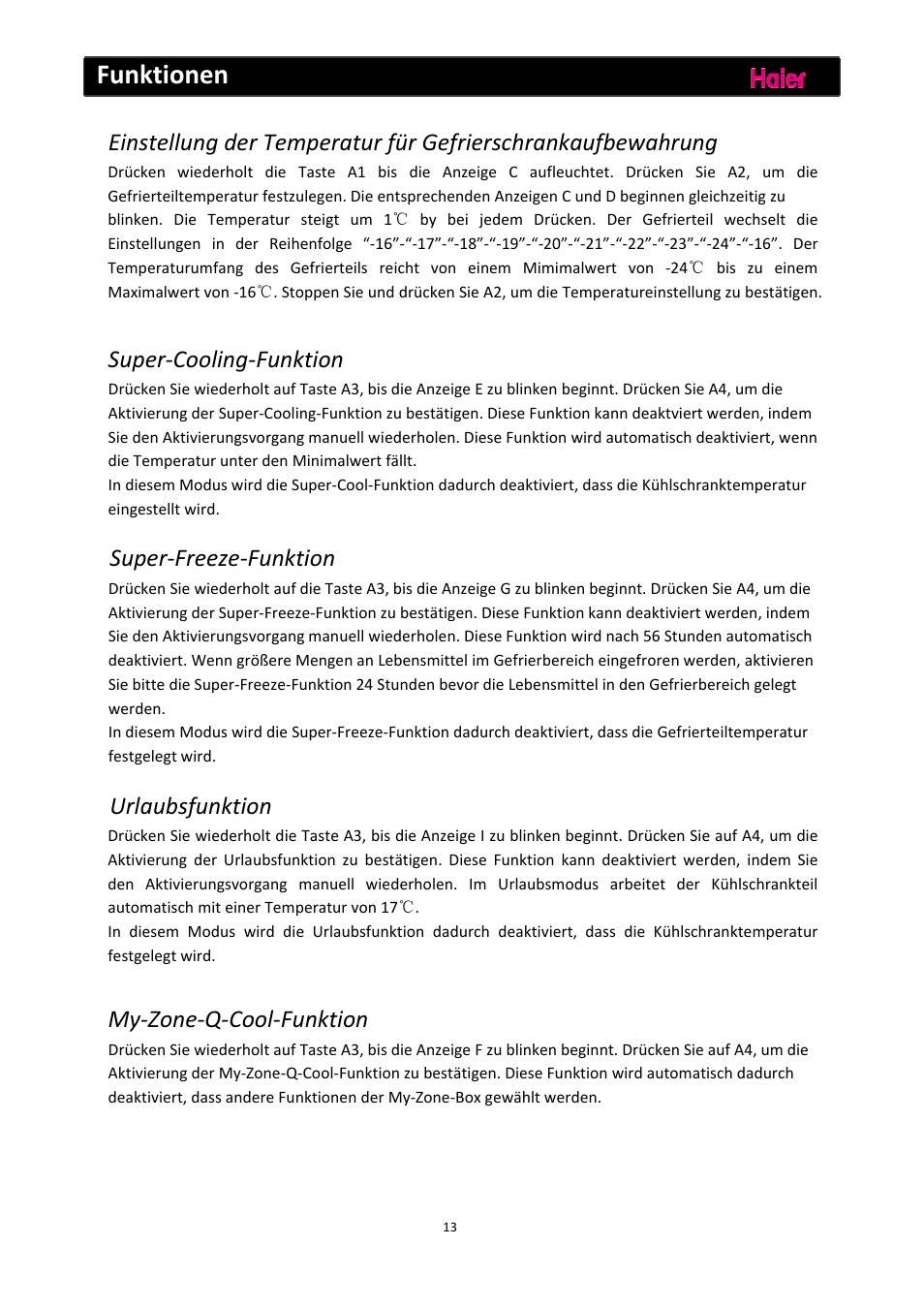 Funktionen, Super‐cooling‐funktion, Super‐freeze‐funktion | Urlaubsfunktion, My‐zone‐q‐cool‐funktion | haier C2FE636CFJ User Manual | Page 38 / 283