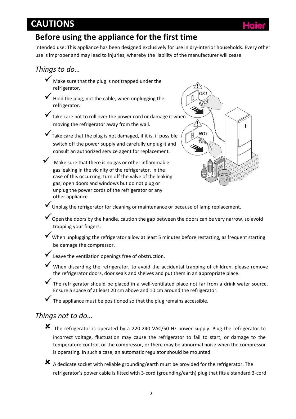 Cautions, Before using the appliance for the first time | haier C2FE636CFJ User Manual | Page 4 / 283