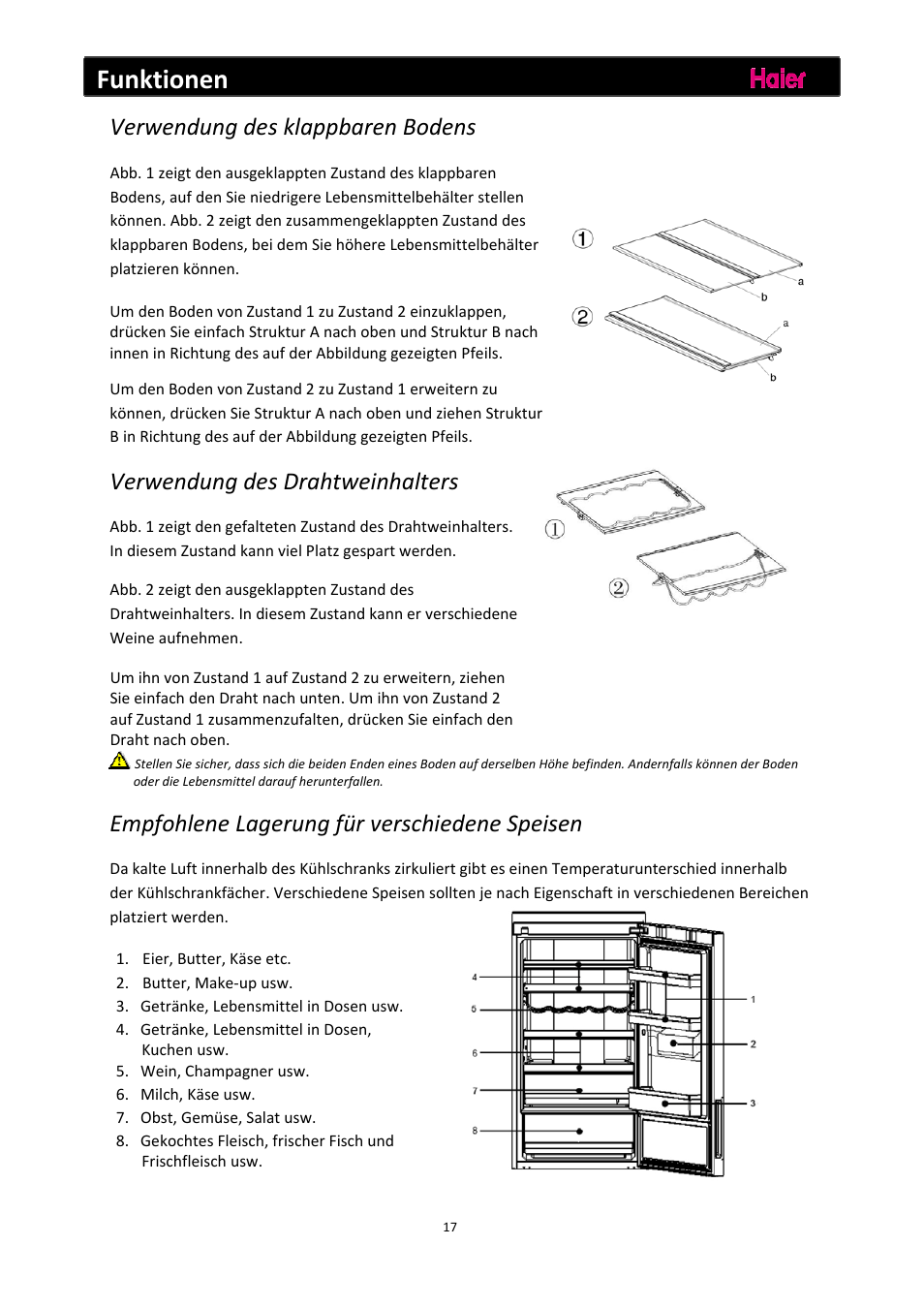 Funktionen, Verwendung des klappbaren bodens, Verwendung des drahtweinhalters | Empfohlene lagerung für verschiedene speisen | haier C2FE636CFJ User Manual | Page 42 / 283