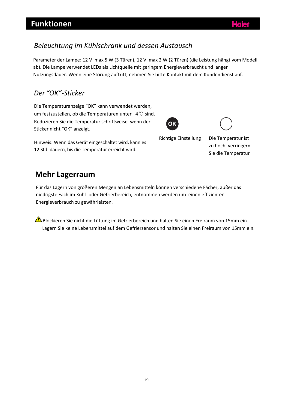 Funktionen, Mehr lagerraum, Beleuchtung im kühlschrank und dessen austausch | Der “ok”‐sticker | haier C2FE636CFJ User Manual | Page 44 / 283