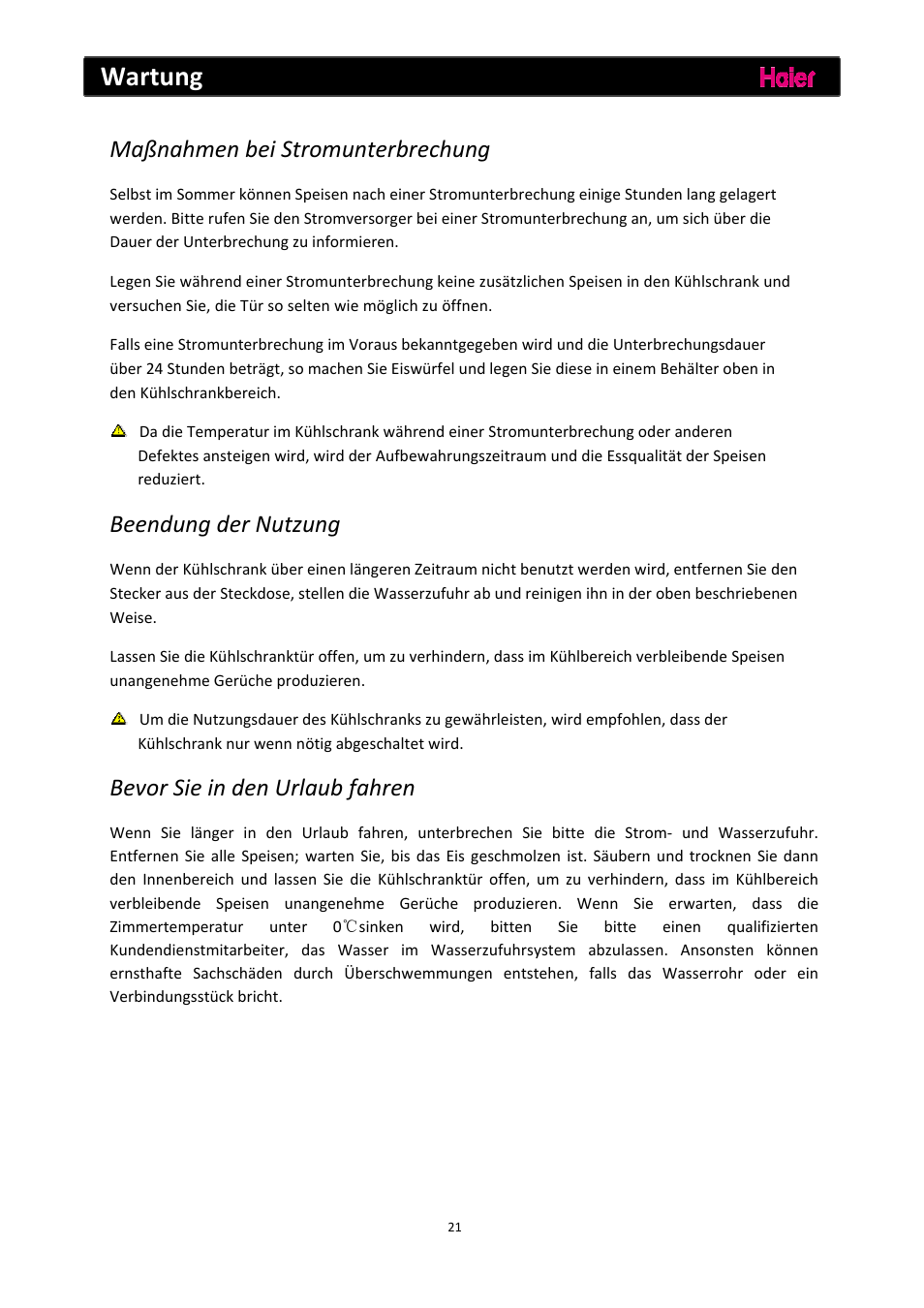 Wartung, Maßnahmen bei stromunterbrechung, Beendung der nutzung | Bevor sie in den urlaub fahren | haier C2FE636CFJ User Manual | Page 46 / 283