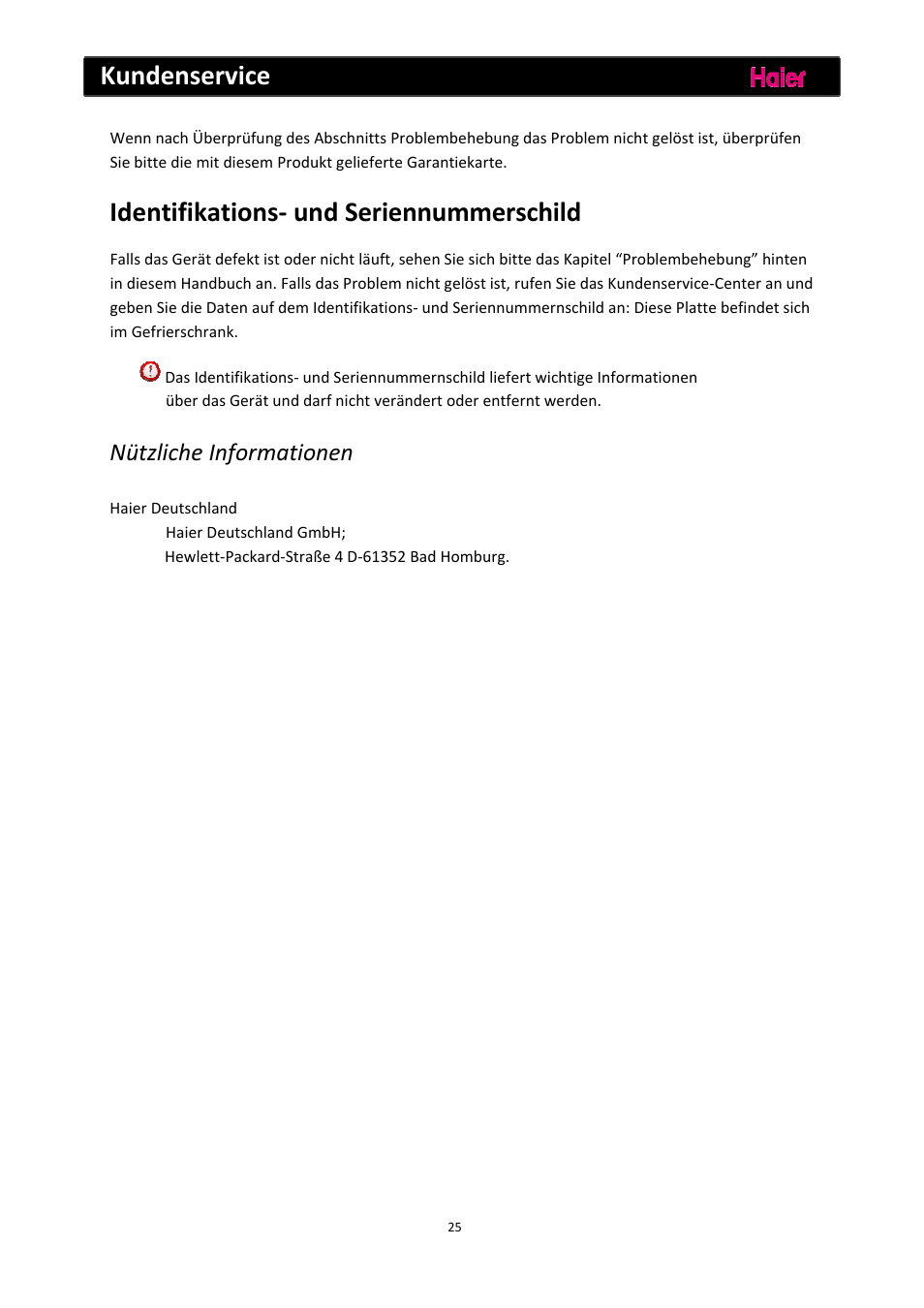 Kundenservice, Identifikations‐ und seriennummerschild, Nützliche informationen | haier C2FE636CFJ User Manual | Page 50 / 283