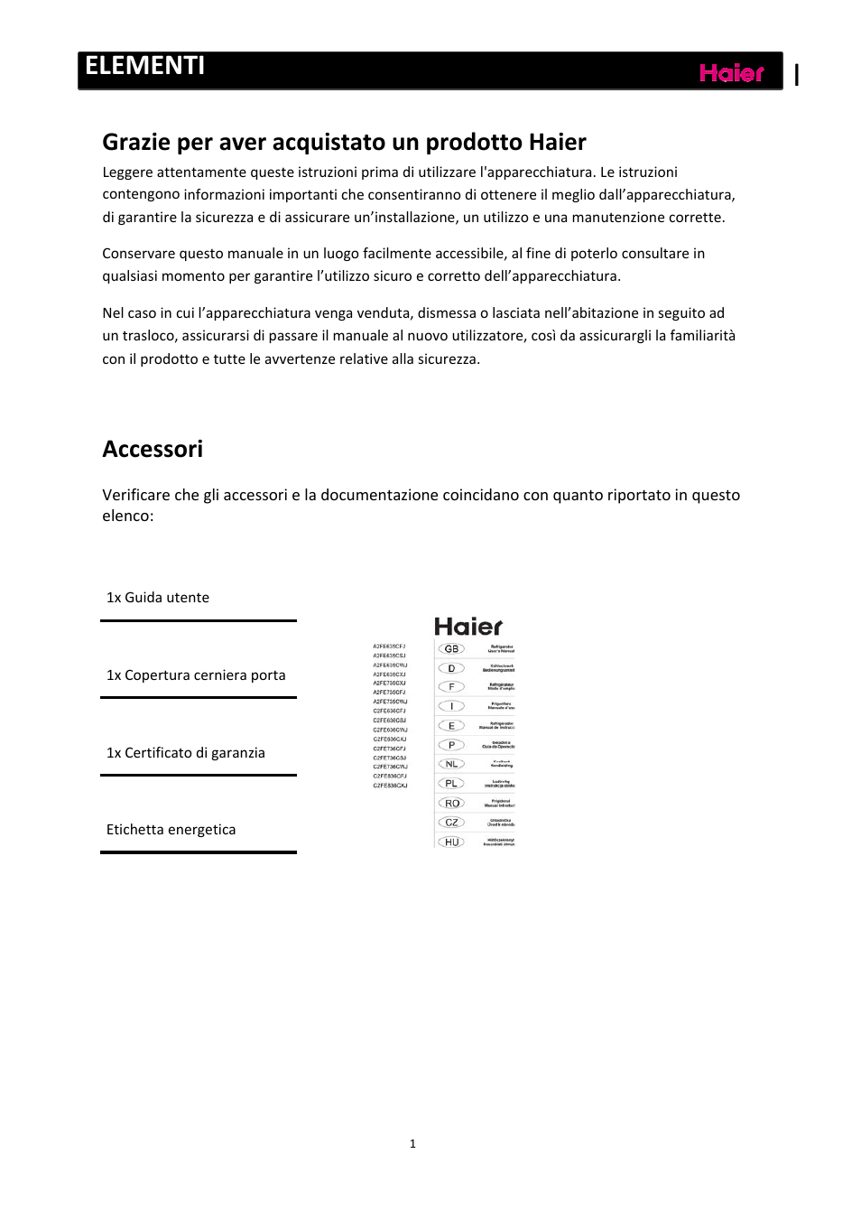 Elementi, Grazie per aver acquistato un prodotto haier, Accessori | haier C2FE636CFJ User Manual | Page 72 / 283