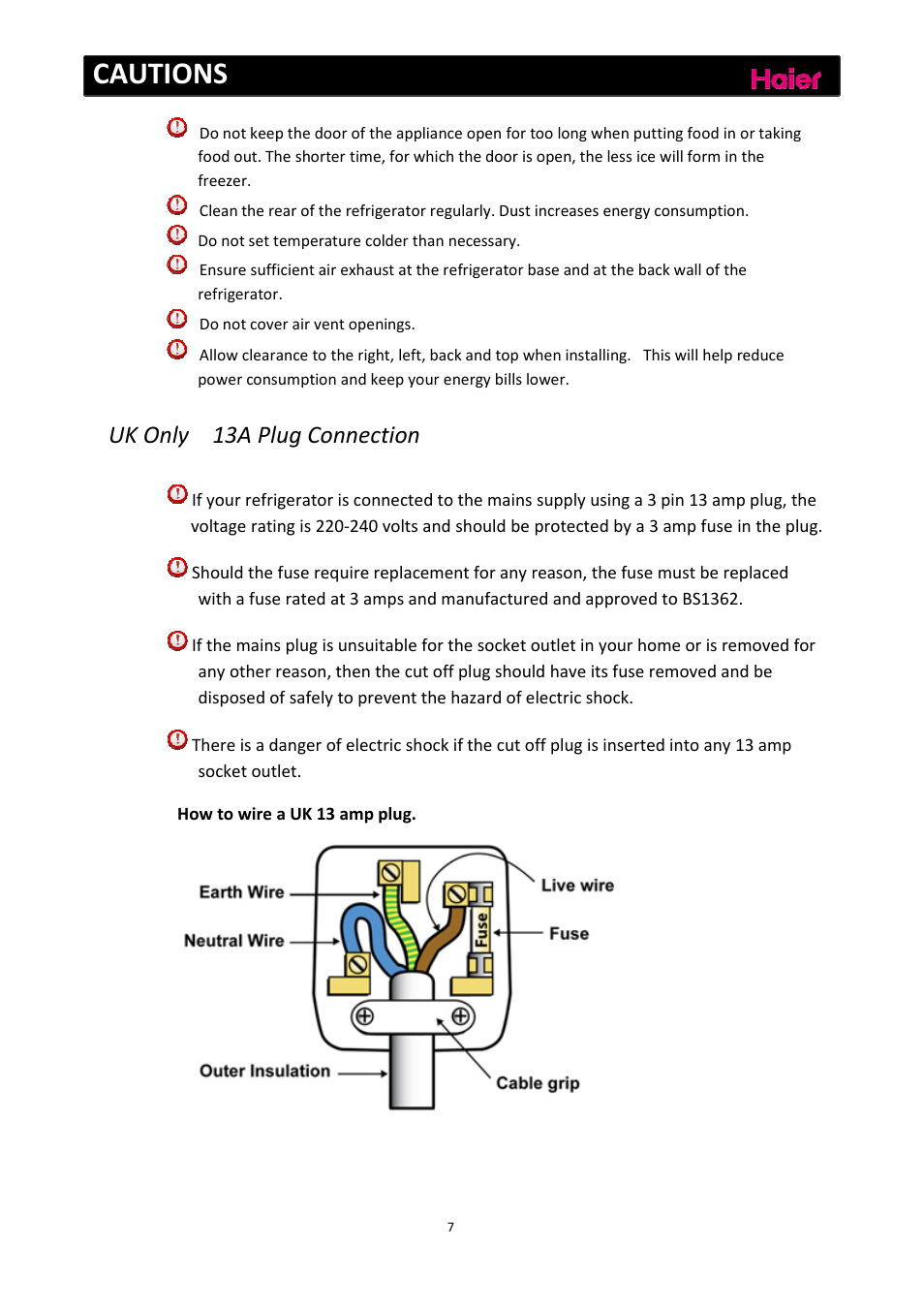 Cautions, Uk only 13a plug connection | haier C2FE636CFJ User Manual | Page 8 / 283