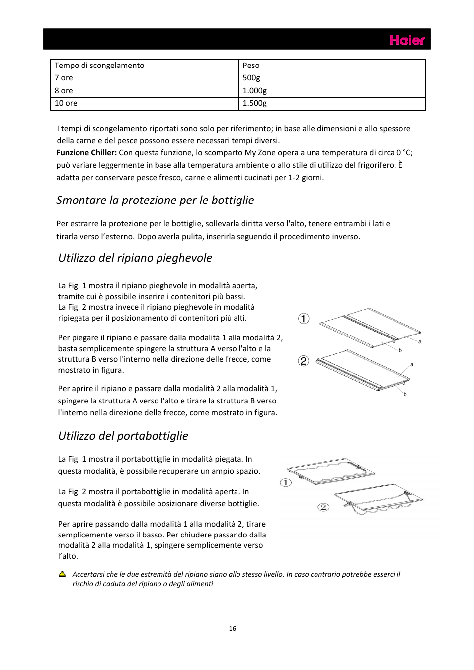 Funzioni, Smontare la protezione per le bottiglie, Utilizzo del ripiano pieghevole | Utilizzo del portabottiglie | haier C2FE636CFJ User Manual | Page 87 / 283