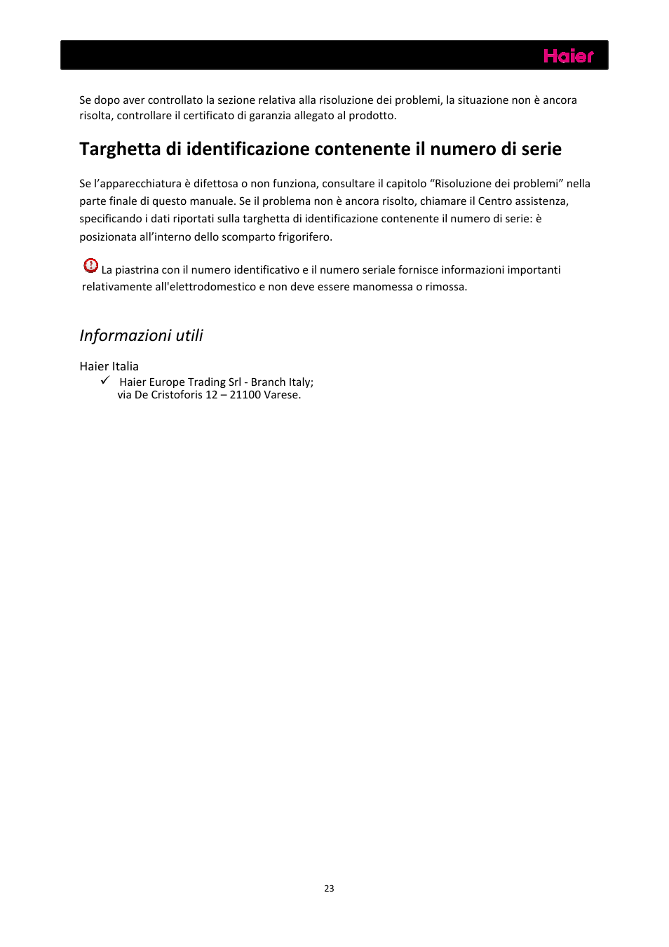 Assistenza post-vendita, Informazioni utili | haier C2FE636CFJ User Manual | Page 94 / 283