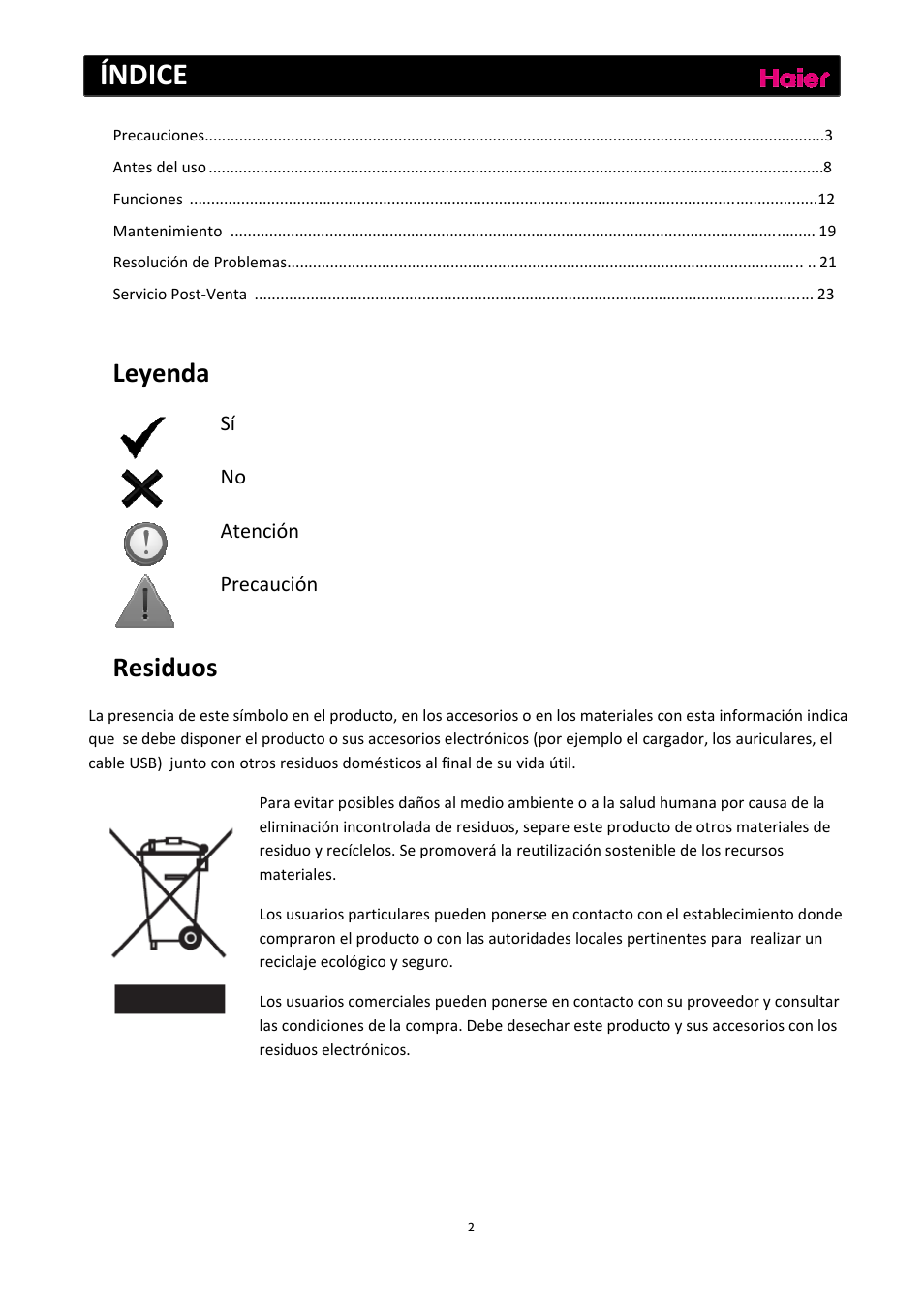 Índice, Leyenda, Residuos | Sí no atención precaución | haier C2FE636CFJ User Manual | Page 96 / 283