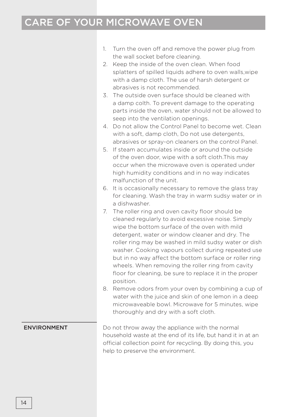 Care of your microwave oven | Gorenje MMO20DBII User Manual | Page 14 / 116