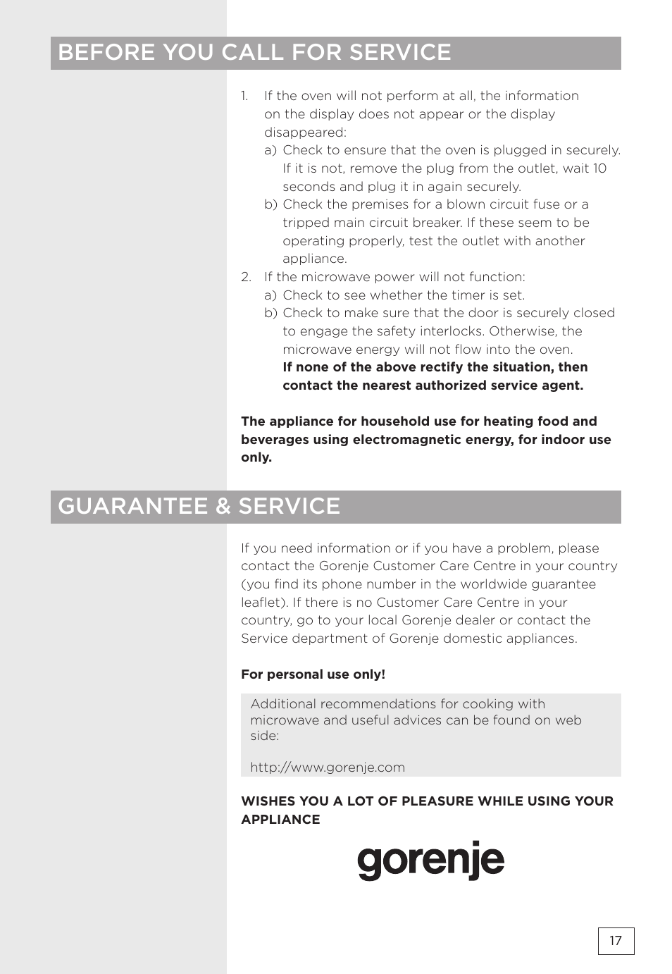 Before you call for service guarantee & service | Gorenje MMO20DBII User Manual | Page 17 / 116