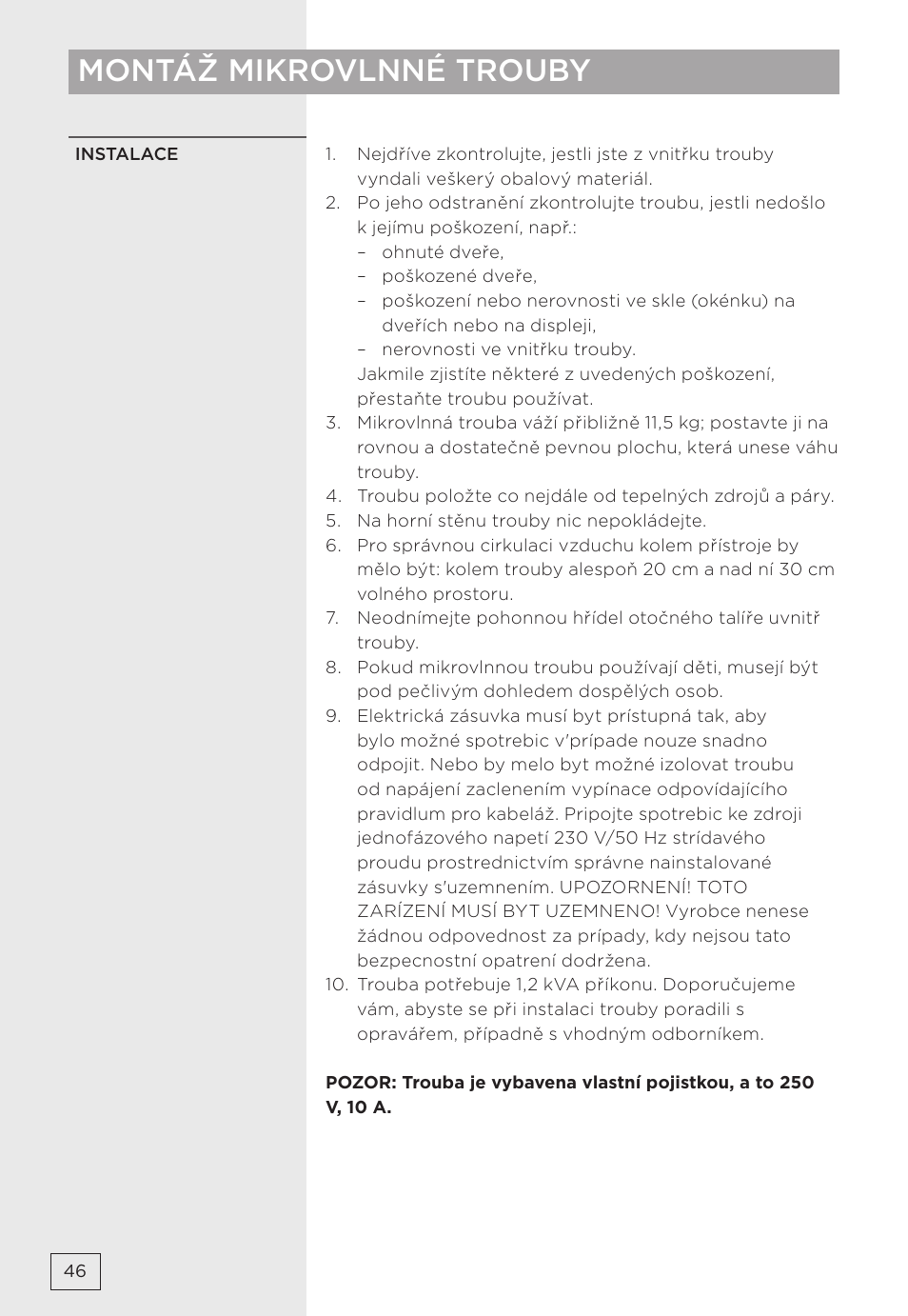 Montáž mikrovlnné trouby | Gorenje MMO20DBII User Manual | Page 46 / 116