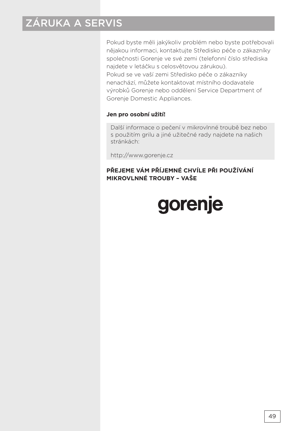 Záruka a servis | Gorenje MMO20DBII User Manual | Page 49 / 116