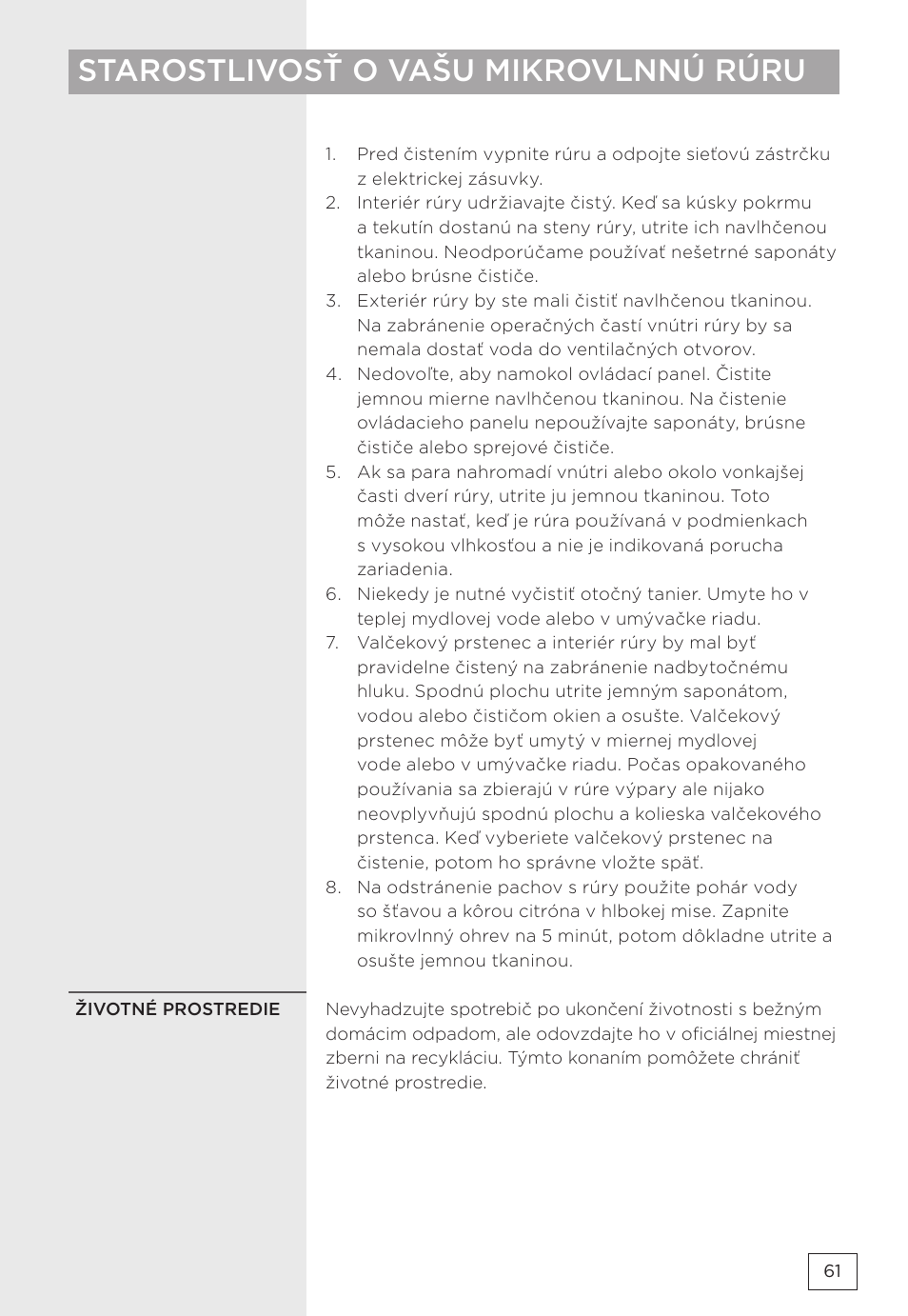 Starostlivosť o vašu mikrovlnnú rúru | Gorenje MMO20DBII User Manual | Page 61 / 116