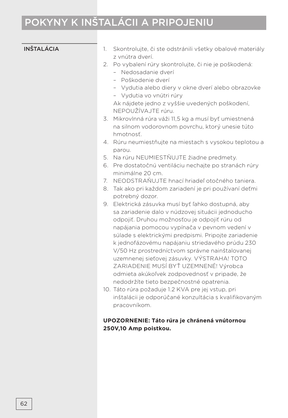 Pokyny k inštalácii a pripojeniu | Gorenje MMO20DBII User Manual | Page 62 / 116