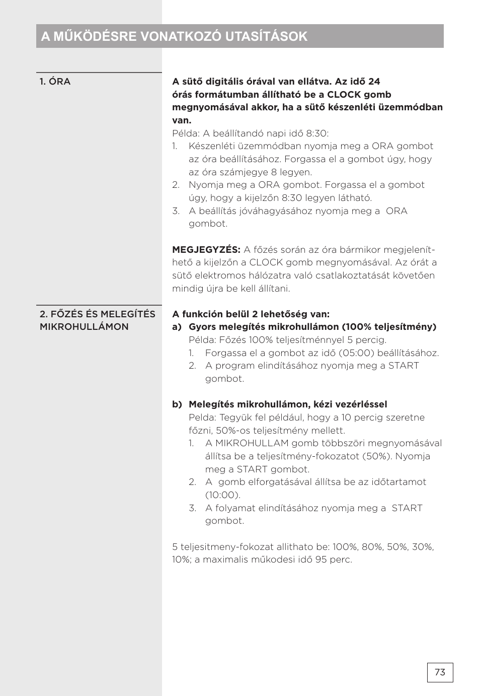 A működésre vonatkozó utasítások | Gorenje MMO20DBII User Manual | Page 73 / 116