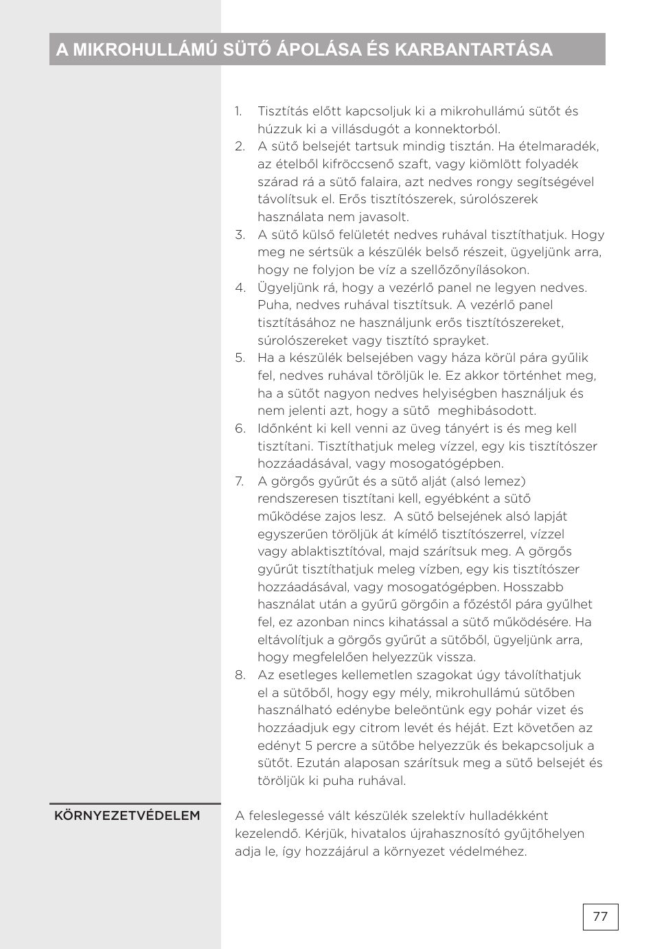 A mikrohullámú sütő ápolása és karbantartása | Gorenje MMO20DBII User Manual | Page 77 / 116