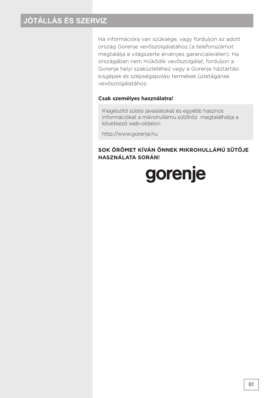 Jótállás és szerviz | Gorenje MMO20DBII User Manual | Page 81 / 116