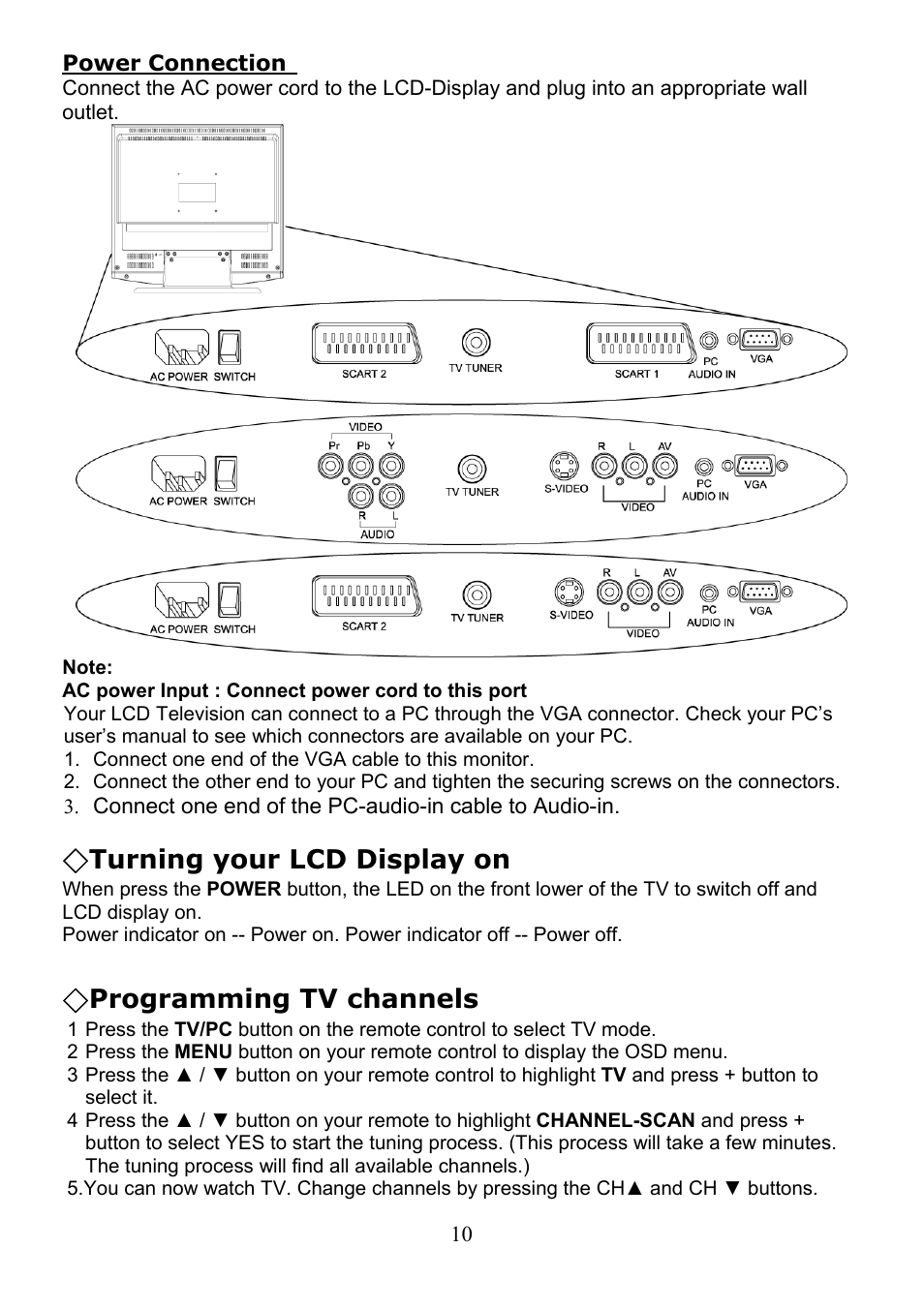Turning your lcd display on, Programming tv channels | Digimate LTV-2007 User Manual | Page 11 / 22