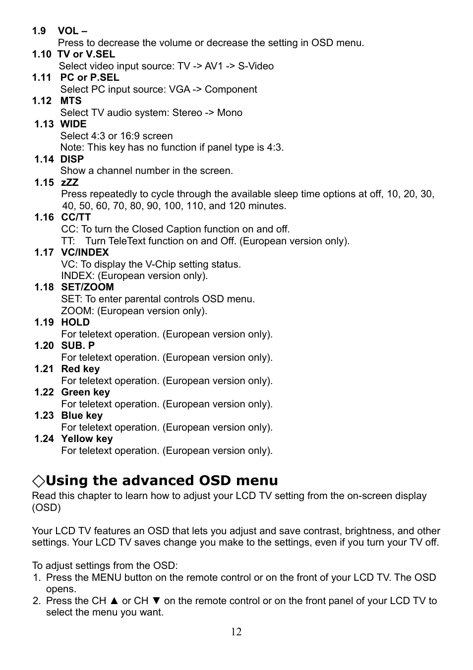 Using the advanced osd menu | Digimate LTV-2007 User Manual | Page 13 / 22