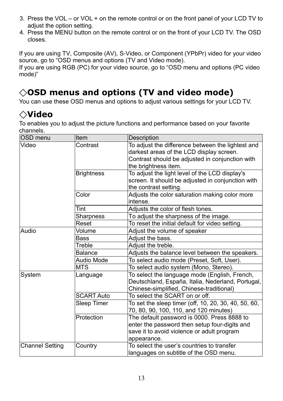 Osd menus and options (tv and video mode), Video | Digimate LTV-2007 User Manual | Page 14 / 22