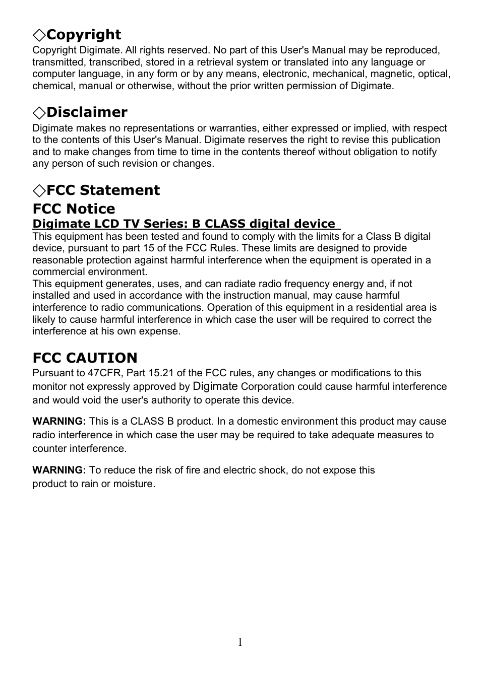 Copyright, Disclaimer, Fcc statement fcc notice | Fcc caution | Digimate LTV-2007 User Manual | Page 2 / 22