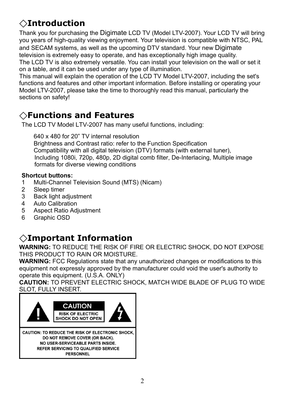 Introduction, Functions and features, Important information | Digimate LTV-2007 User Manual | Page 3 / 22