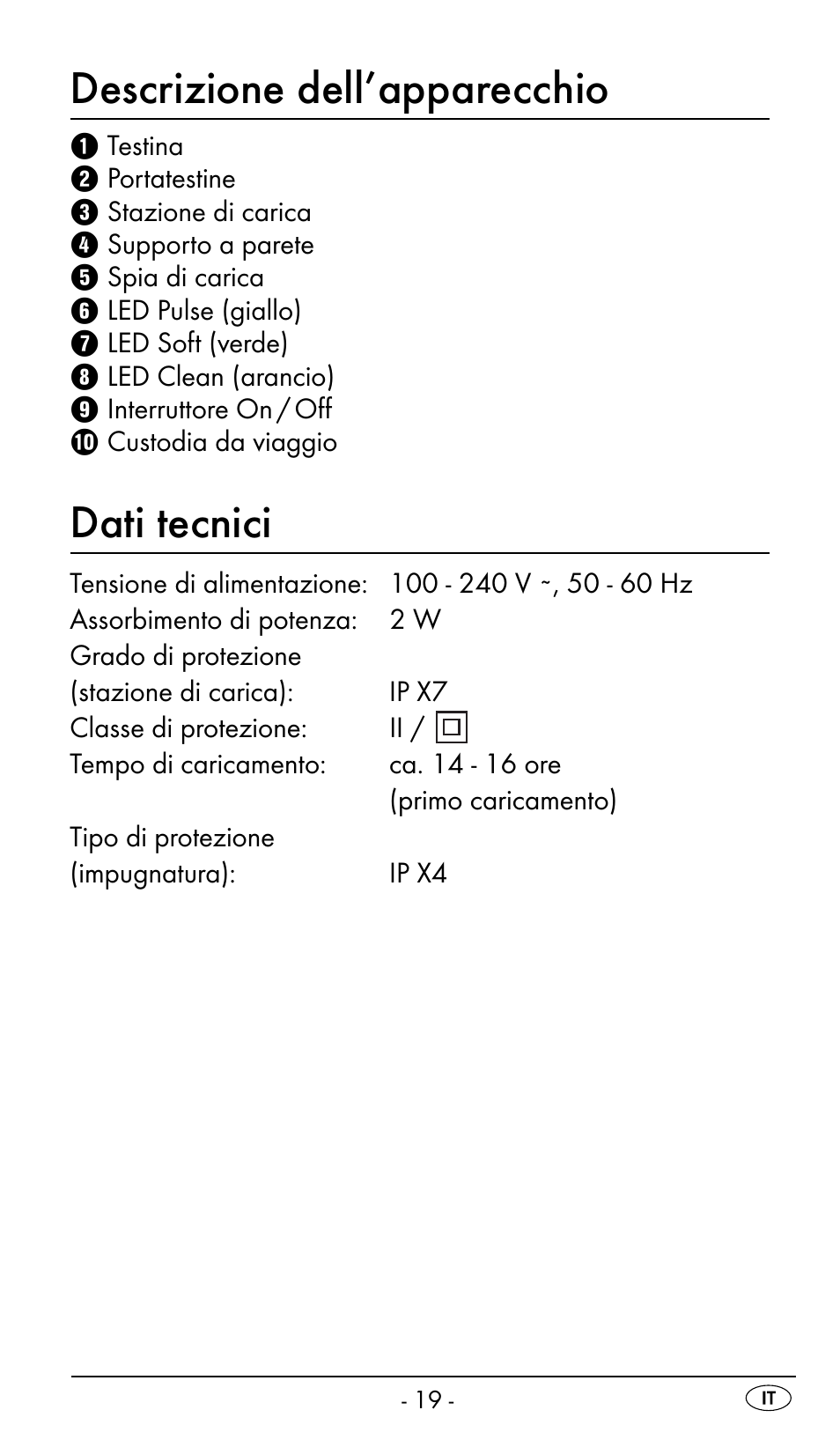 Descrizione dell’apparecchio, Dati tecnici | Nevadent DAZ 2.4 B2 User Manual | Page 22 / 76