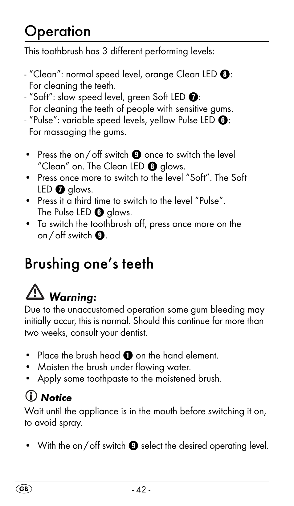 Operation, Brushing one’s teeth, Warning | Nevadent DAZ 2.4 B2 User Manual | Page 45 / 76