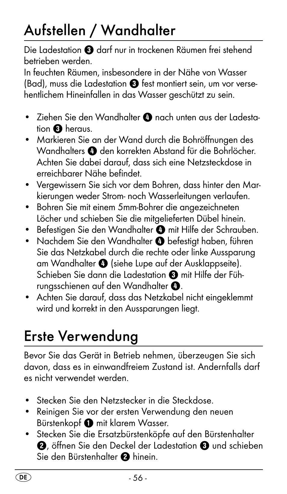 Aufstellen / wandhalter, Erste verwendung | Nevadent DAZ 2.4 B2 User Manual | Page 59 / 76