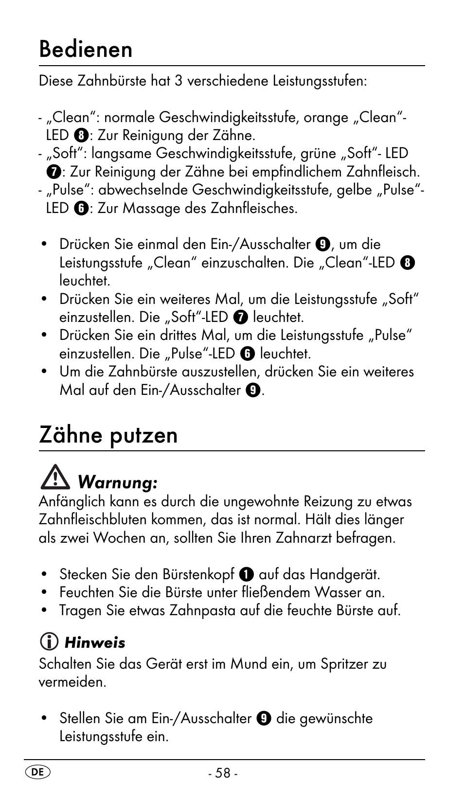 Bedienen, Zähne putzen, Warnung | Nevadent DAZ 2.4 B2 User Manual | Page 61 / 76