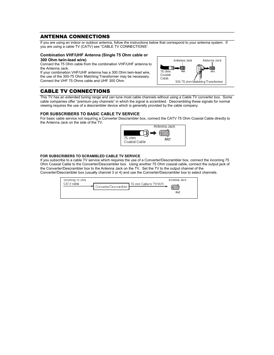 Antenna connections, Cable tv connections | Digimate DGL2700 User Manual | Page 15 / 29