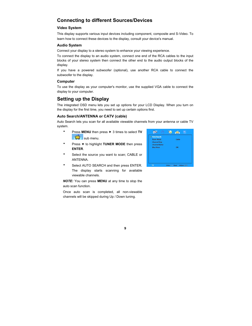 Connecting to different sources/devices, Setting up the display | Digimate DGL2700 User Manual | Page 16 / 29