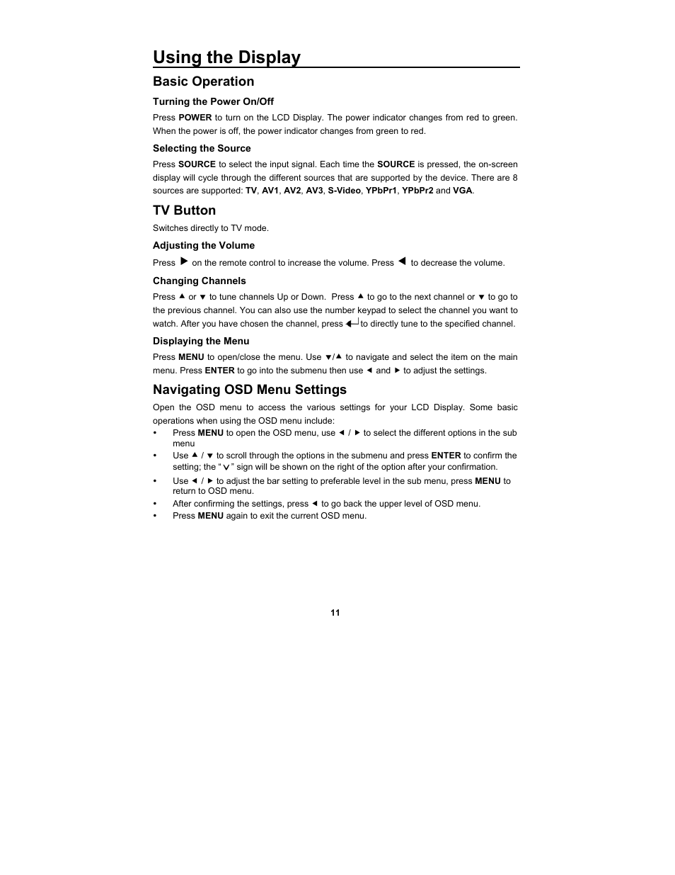 Using the display, Basic operation, Tv button | Navigating osd menu settings | Digimate DGL2700 User Manual | Page 18 / 29