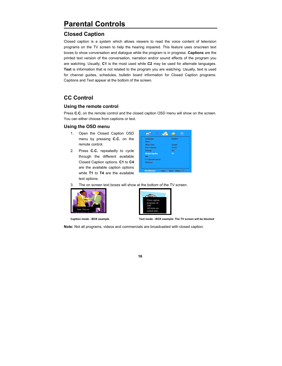 Parental controls, Closed caption, Cc control | Digimate DGL2700 User Manual | Page 23 / 29