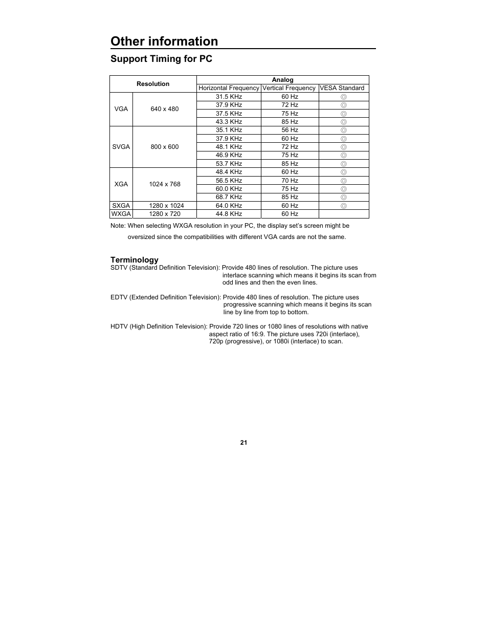 Other information, Support timing for pc | Digimate DGL2700 User Manual | Page 28 / 29