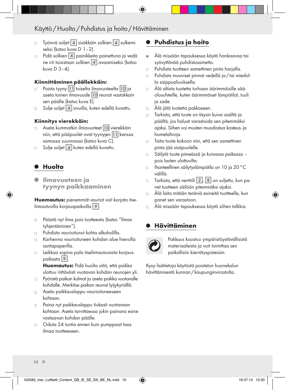 Huolto, Ilmavuoteen ja tyynyn paikkaaminen, Puhdistus ja hoito | Hävittäminen | Meradiso Z31688 User Manual | Page 10 / 29