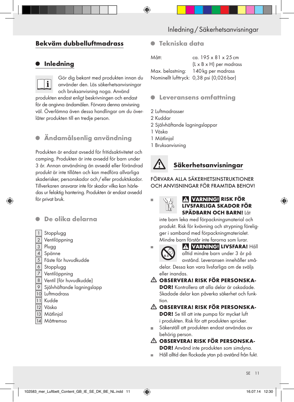 Inledning / säkerhetsanvisningar, Bekväm dubbelluftmadrass inledning, Ändamålsenlig användning | De olika delarna, Tekniska data, Leveransens omfattning, Säkerhetsanvisningar | Meradiso Z31688 User Manual | Page 11 / 29