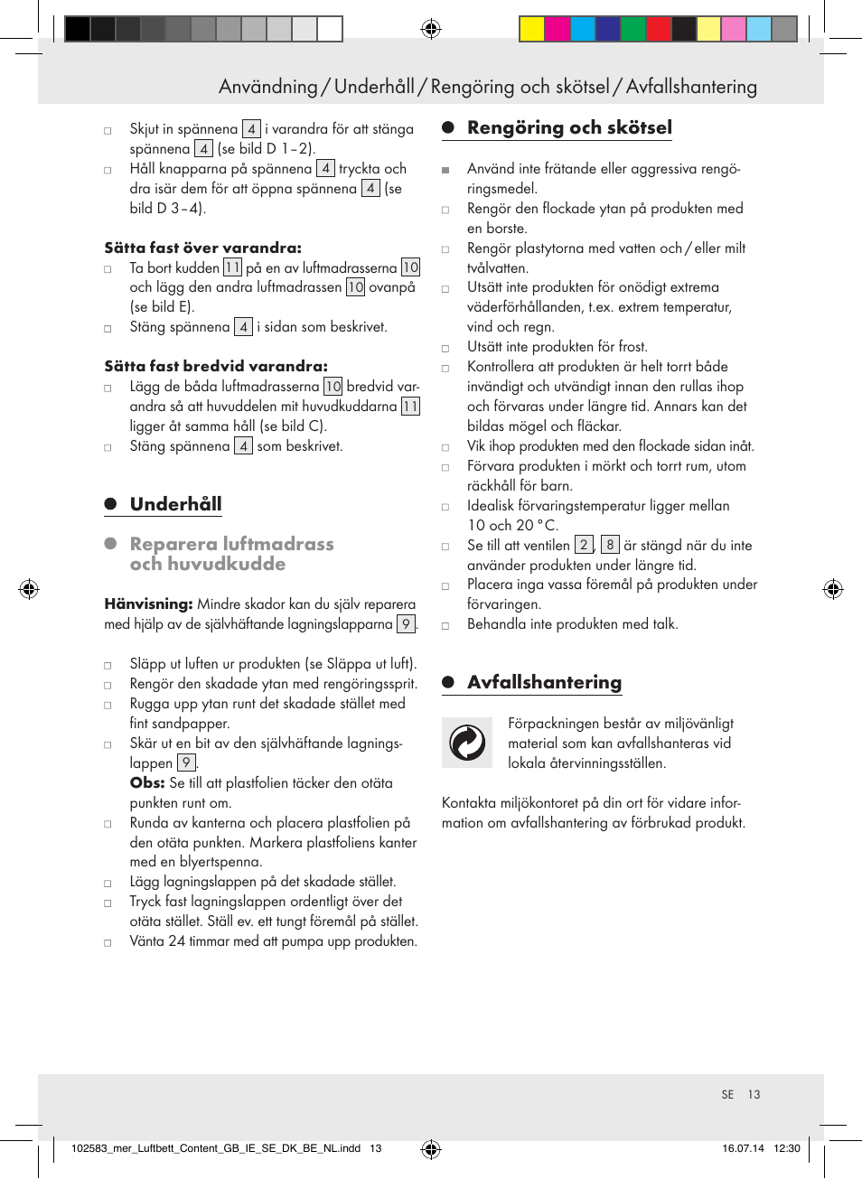 Underhåll, Reparera luftmadrass och huvudkudde, Rengöring och skötsel | Avfallshantering | Meradiso Z31688 User Manual | Page 13 / 29