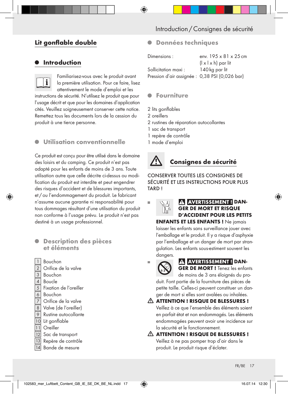 Introduction / consignes de sécurité, Lit gonflable double introduction, Utilisation conventionnelle | Description des pièces et éléments, Données techniques, Fourniture, Consignes de sécurité | Meradiso Z31688 User Manual | Page 17 / 29