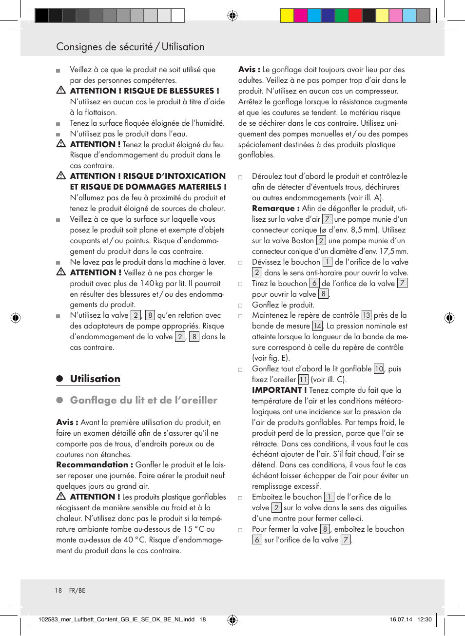 Consignes de sécurité / utilisation, Utilisation, Gonflage du lit et de l’oreiller | Meradiso Z31688 User Manual | Page 18 / 29