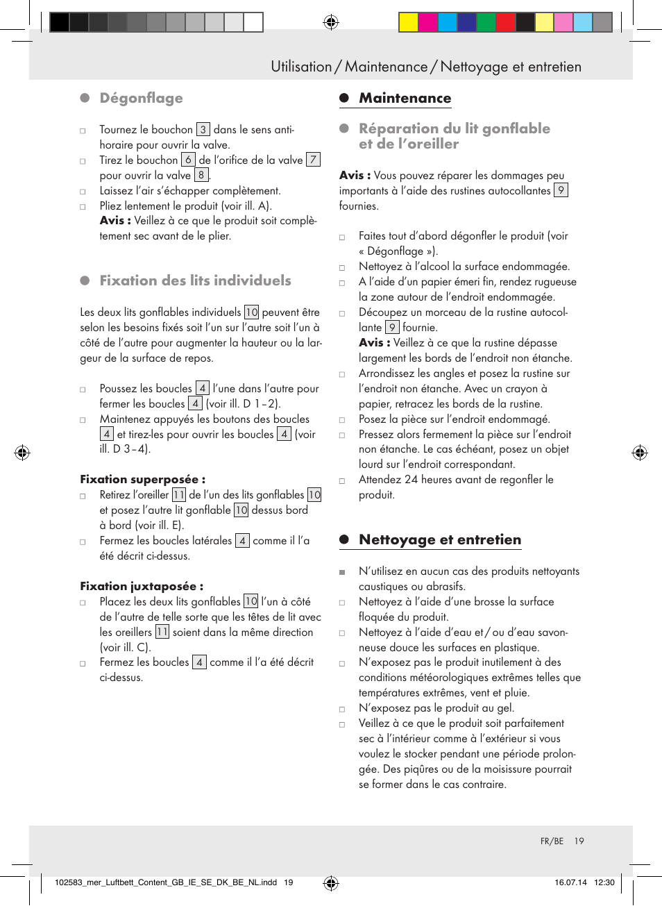 Utilisation / maintenance / nettoyage et entretien, Dégonflage, Fixation des lits individuels | Maintenance, Réparation du lit gonflable et de l’oreiller, Nettoyage et entretien | Meradiso Z31688 User Manual | Page 19 / 29