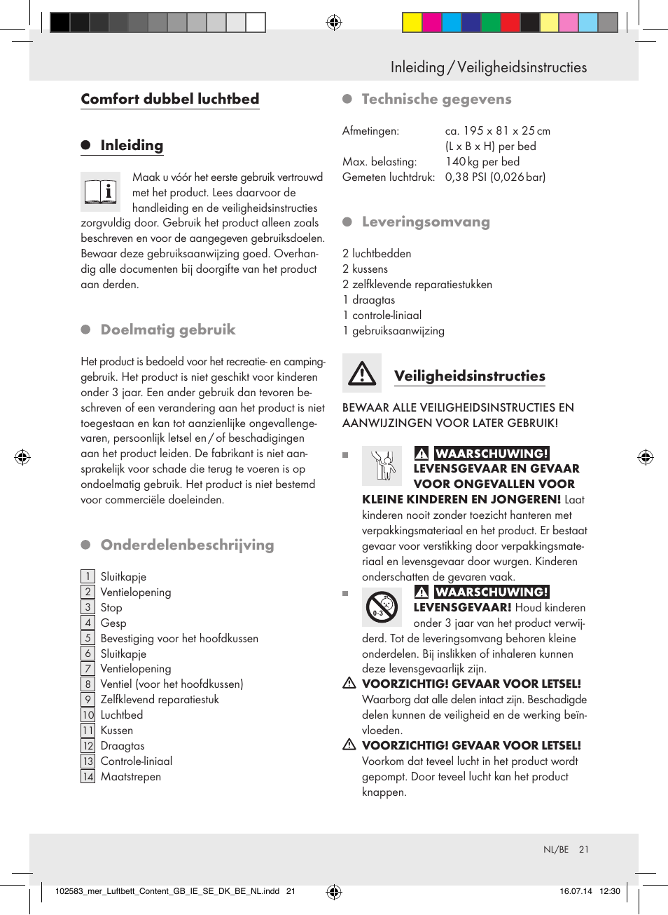 Inleiding / veiligheidsinstructies, Comfort dubbel luchtbed inleiding, Doelmatig gebruik | Onderdelenbeschrijving, Technische gegevens, Leveringsomvang, Veiligheidsinstructies | Meradiso Z31688 User Manual | Page 21 / 29