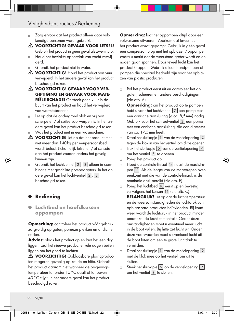 Veiligheidsinstructies / bediening, Bediening luchtbed en hoofdkussen oppompen | Meradiso Z31688 User Manual | Page 22 / 29