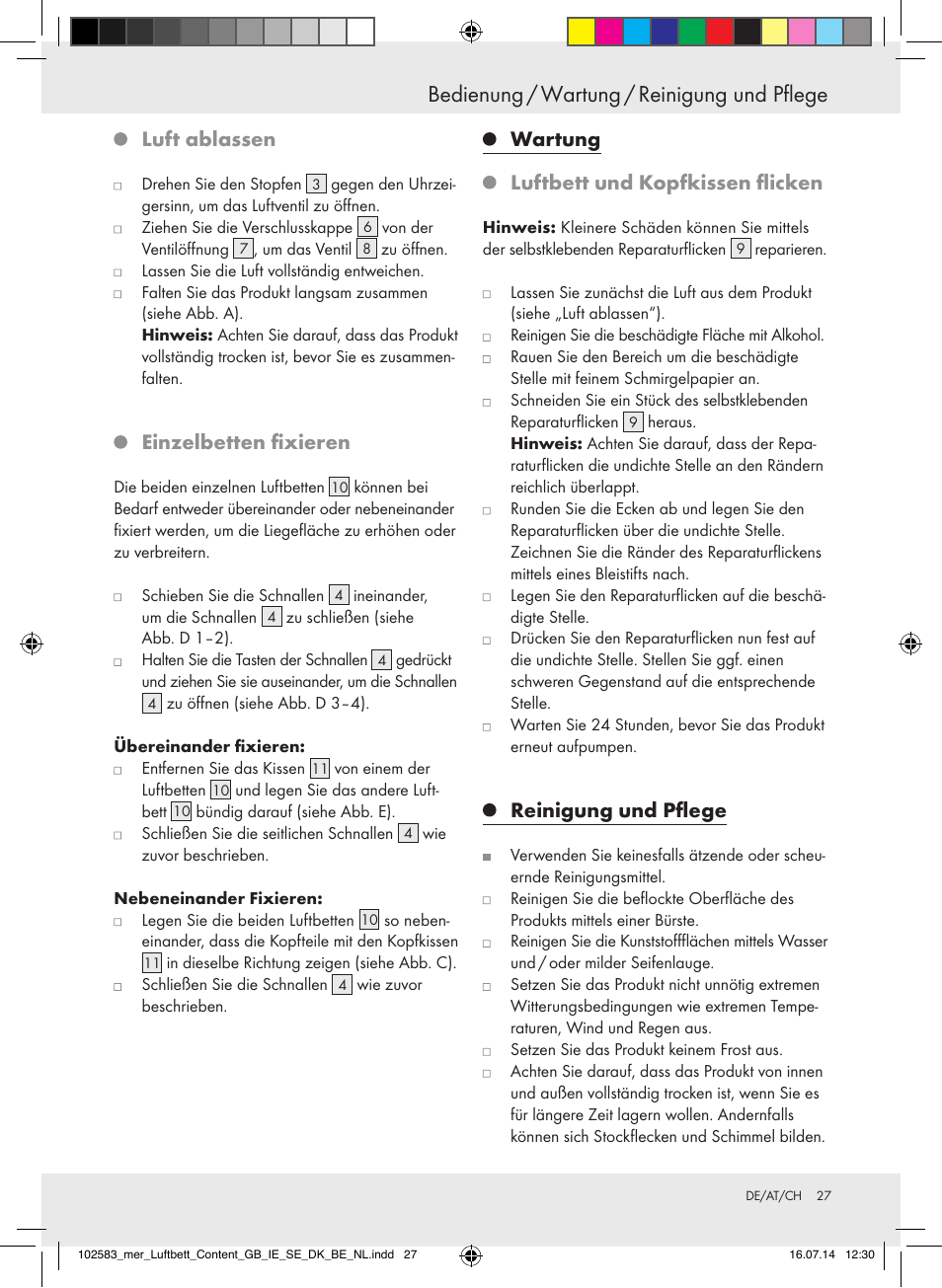 Bedienung / wartung / reinigung und pflege, Luft ablassen, Einzelbetten fixieren | Wartung luftbett und kopfkissen flicken, Reinigung und pflege | Meradiso Z31688 User Manual | Page 27 / 29