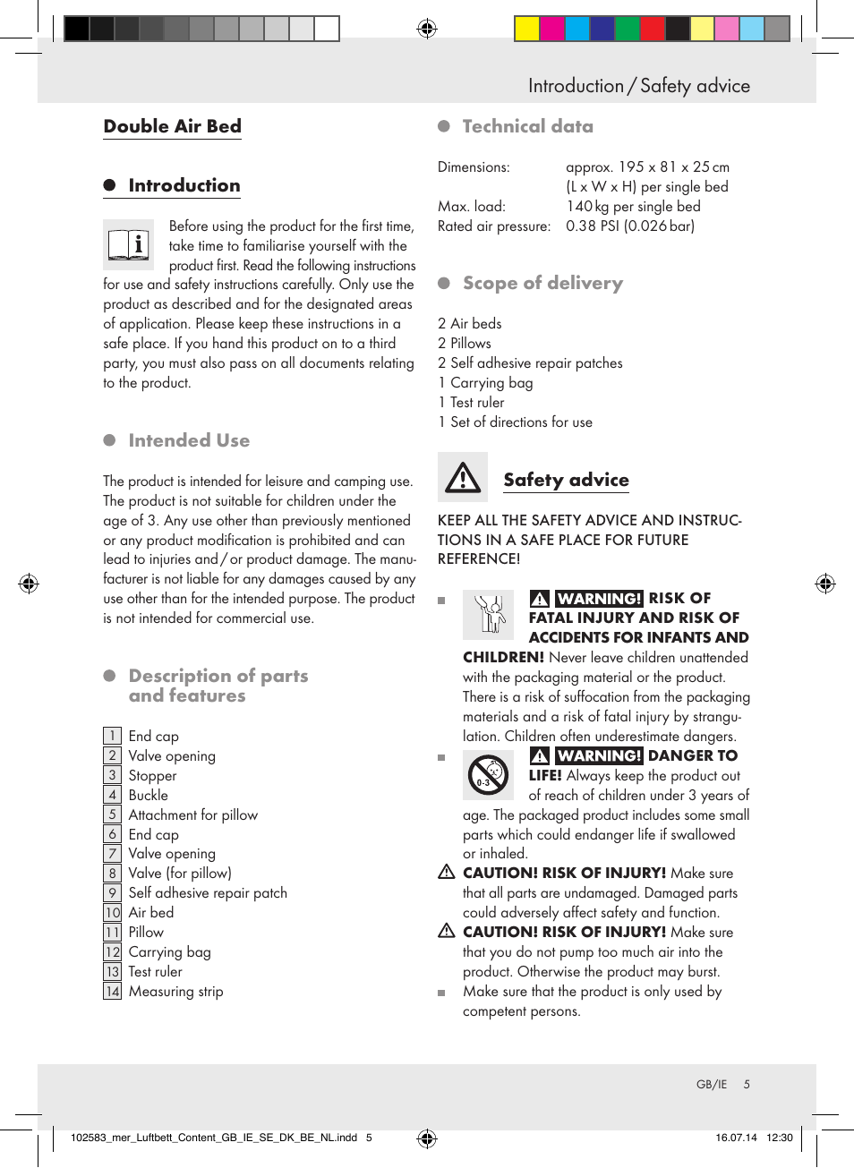 Introduction / safety advice, Double air bed introduction, Intended use | Description of parts and features, Technical data, Scope of delivery, Safety advice | Meradiso Z31688 User Manual | Page 5 / 29