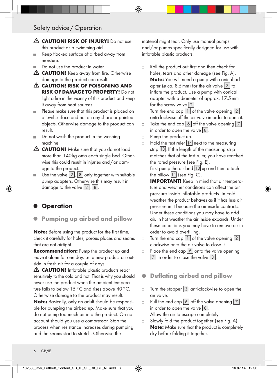 Safety advice / operation, Operation, Pumping up airbed and pillow | Deflating airbed and pillow | Meradiso Z31688 User Manual | Page 6 / 29