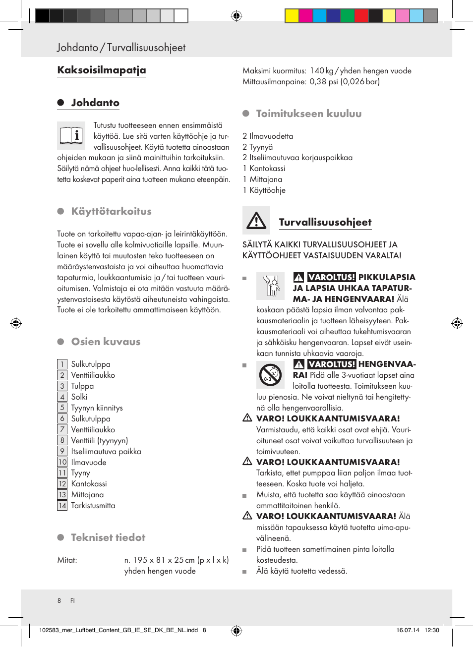 Johdanto / turvallisuusohjeet, Kaksoisilmapatja johdanto, Käyttötarkoitus | Osien kuvaus, Tekniset tiedot, Toimitukseen kuuluu, Turvallisuusohjeet | Meradiso Z31688 User Manual | Page 8 / 29